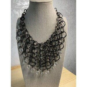 Chunky Gun Metal Chain Link Clear Beaded Bib Boho Necklace